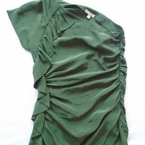 Shoshanna Top Silk Olive Green One Shoulder Ruffle